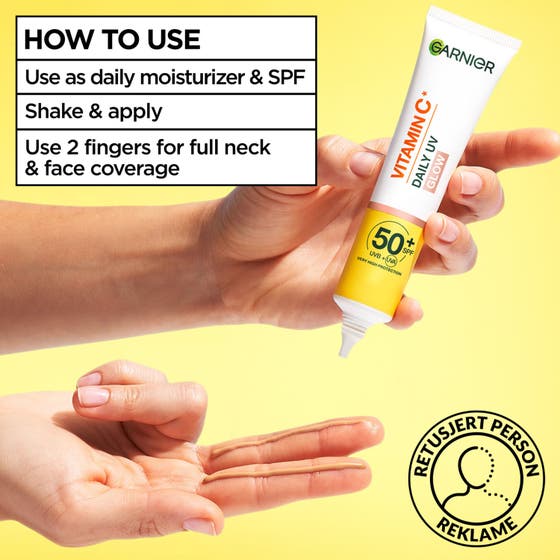 Garnier Vitamin C Daily UV Fluid 40 ml garnier solskydd ansikte med SPF 50 och laboratorieglas med citronskivor