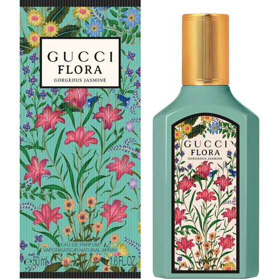 Gucci Flora Gorgeous Jasmine Eau de Parfum 50 ml dameparfyme med turkis flaske og matchende blomstret eske