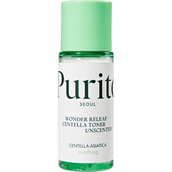 Purito Seoul Wonder Releaf Centella Toner Unscented 200ml beroligende toner i klar plastflaske med lysegrønn kork