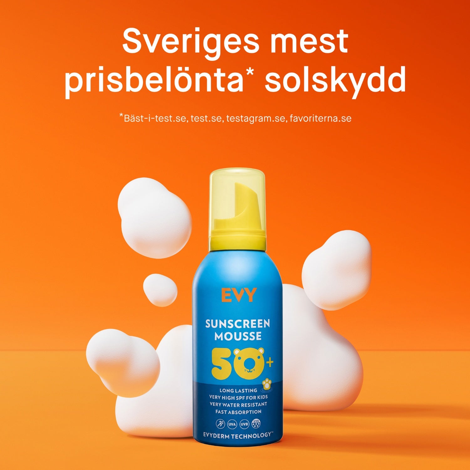 EVY Technology Sunscreen Mousse For Kids 150 ml aurinkosuojavaahto antaa korkean UVA-suojan ja levittyy helposti iholle.