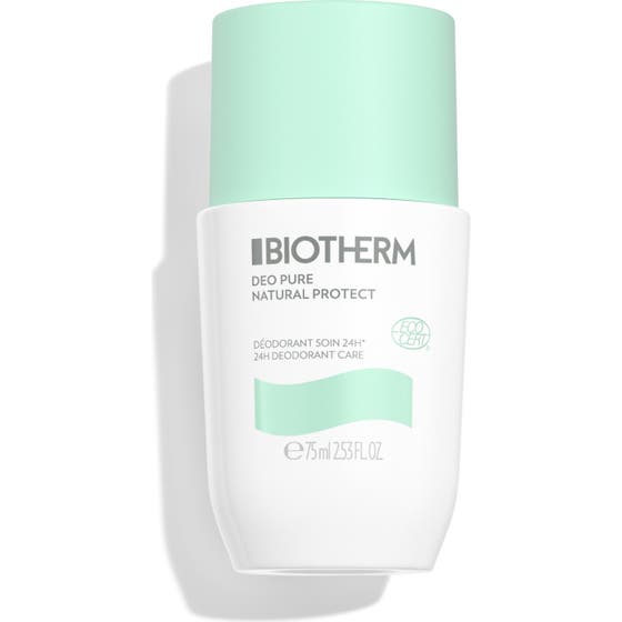 Biotherm Deo Pure Natural Protect 75ml roll-on deodorant som beskytter i 24 timer i hvit flaske med lysegrønn kork.