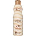 Hawaiian Tropic Hydrating Protection SPF 30 fuktighetsgivende solkremspray i hvit flaske med beige bølger og bronsehette.