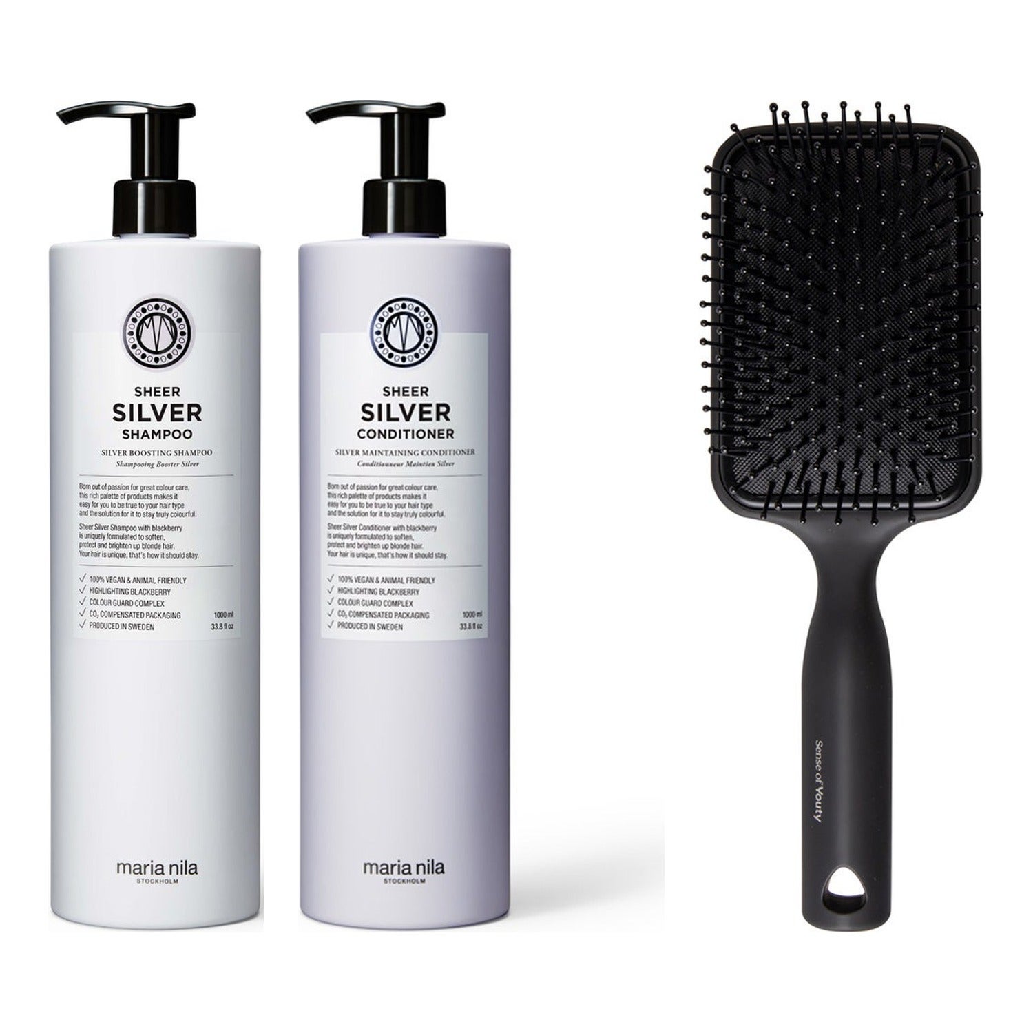 Maria Nila Silver Radiance Hair Care Set Shampoo 1000 ml & Conditioner 1000 ml & Paddle Brush billede