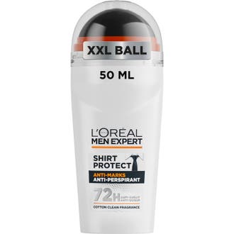 L'Oréal Men Expert Shirt Protect 50ml roll-on deodorant gir beskyttelse mot merker i hvit hylse med oransje detaljer.