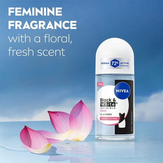 NIVEA Black & White Original 50 ml roll-on deodorant mot flekker vist i en blå grafikk som nummer en merke