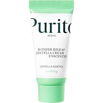 Purito SEOUL Wonder Releaf Centella Cream Unscented lugnande ansiktskräm i en vit plasttub med mintgrön kork.