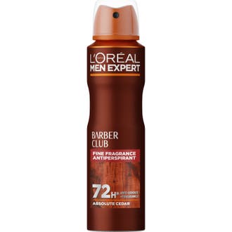 L'Oréal Men Expert Barber Club Deodorant Body Spray gir 48 timers friskhet i en brun sprayboks med tredekor.