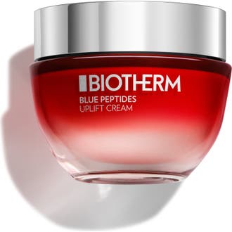 Biotherm Blue Peptides Uplift Cream 50ml oppstrammende ansiktskrem i rød glasskrukke med sølvfarget lokk.