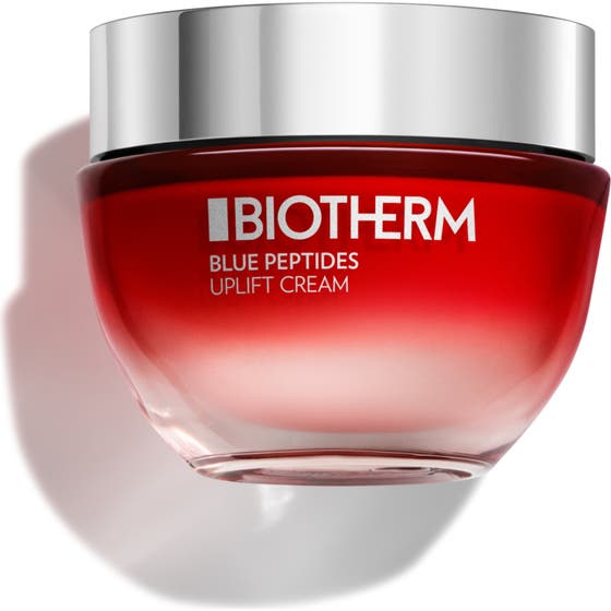 Biotherm Blue Peptides Uplift Cream 50ml oppstrammende ansiktskrem i rød glasskrukke med sølvfarget lokk.