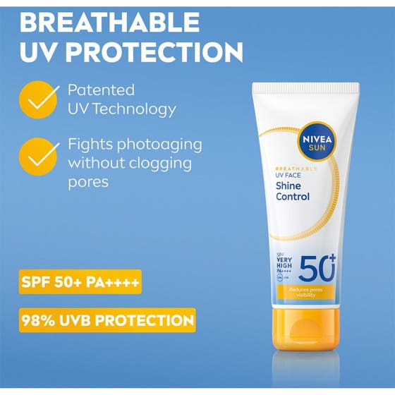 NIVEA UV Face Shine Control Cream 40 ml mattende solkrem i hvit tube med oransje kork og pustende beskyttelse