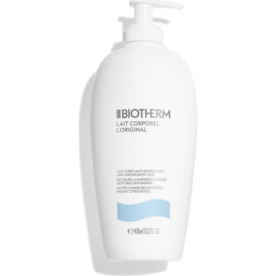 Biotherm Lait Corporel Original 400 ml anti-uttorkande kroppsmjölk som ger len hud i vit plastflaska med pump.