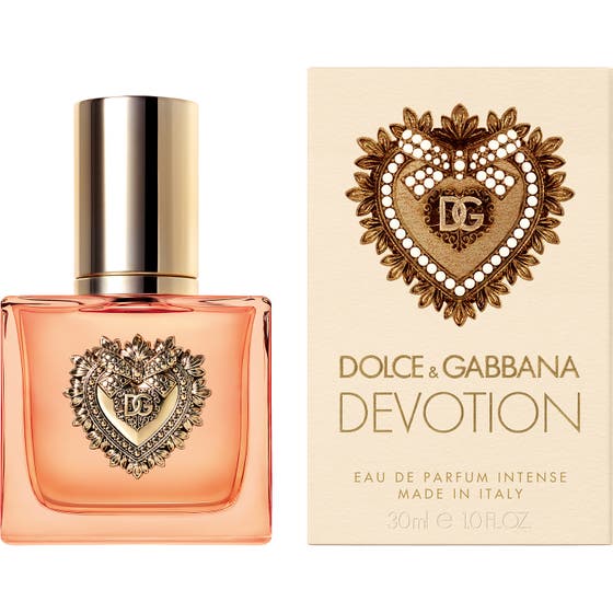 Dolce & Gabbana Devotion Intense Eau de Parfum 30 ml dameparfyme i glassflaske ved siden av emballasjen med gullhjerte