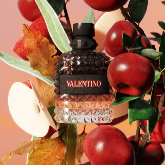 Valentino Born in Roma Uomo Coral Fantasy EdT 50 ml herreparfyme med nagleflaske omgitt av røde epler