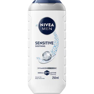 Nivea Men Sensitive 3in1 250 ml lugnande duschgel för känslig hy i vit plastflaska med blått lock och dekor