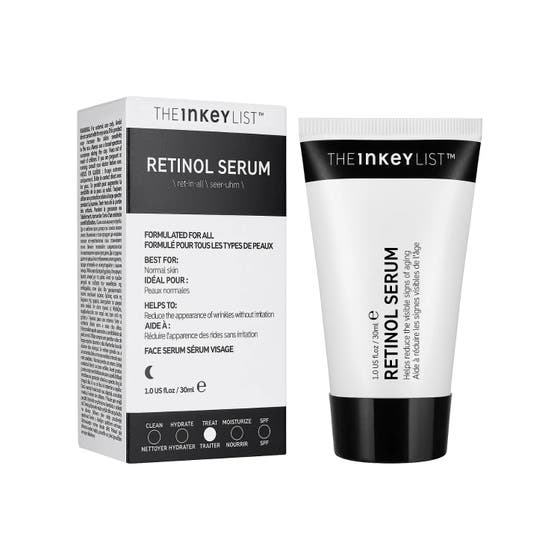 The INKEY List Retinol Serum 30 ml juonteita silottava kasvoseerumi mustavalkoisessa pahvipakkauksessa ja tuubissa.