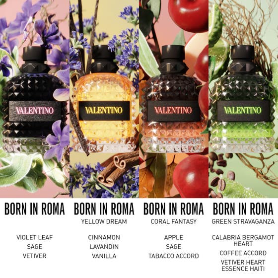 Valentino Born in Roma Uomo Intense Eau de Parfum 100 ml herreparfyme blant piggete glassflasker og blomster