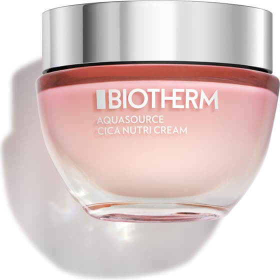 Biotherm Aquasource Cica Nutri Cream 50ml fuktighetsgivende ansiktskrem i rosa glasskrukke med sølvlokk