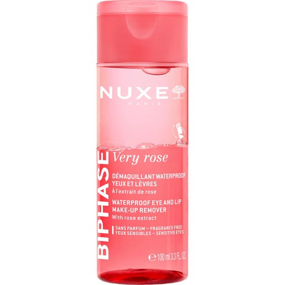 Nuxe Very Rose 100 ml biphase sminkefjerner fjerner vannfast sminke i en rosa gjennomsiktig flaske