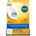 Nivea Sun Protect 4,8 g läppbalsam med solskydd spf 50 i gul hylsa med vit krämig textur på förpackningen
