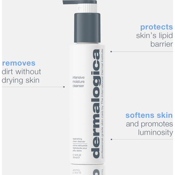 Dermalogica Intensive Moisture Cleanser 295 ml nærende ansigtsrens til tør hud i grå æske med blåt mønster