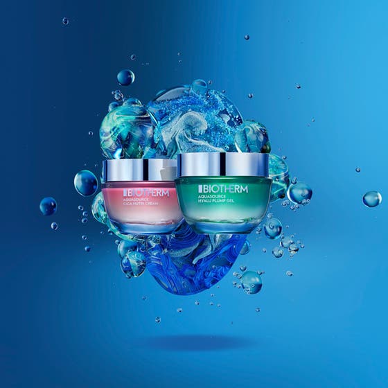 Biotherm Aquasource Cica Nutri 50 ml fuktighetsgivende dagkrem i rosa glasskrukke med rens og serum.