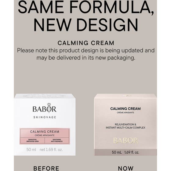 Babor Calming Cream 50 ml beroligende ansiktskrem i frostet glass på hvite podier med en stor rosa vase.