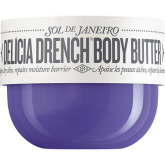 Sol de Janeiro Delícia Drench Body Butter fuktighetsgivende kroppskrem i lilla krukke med hvitt lokk