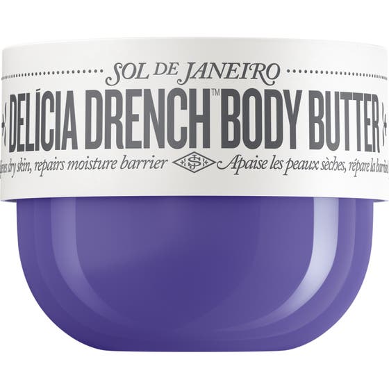 Sol de Janeiro Delícia Drench Body Butter återfuktande hudvård i en lila burk för extremt torr hud