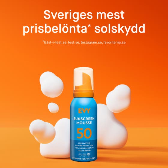 EVY Technology Sunscreen Mousse 100 ml infografikk som viser membrane technology og hudlagene.