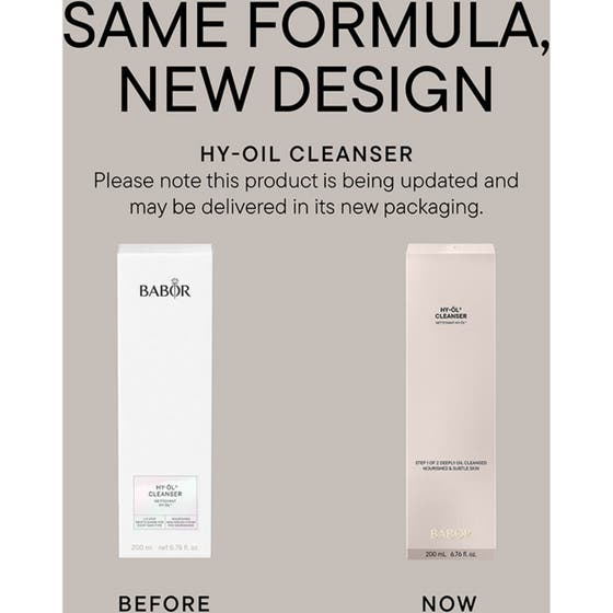 Babor HY-Öl Cleanser 200 ml ansigtsrens viser nyt design i hvid og guld pumpeflaske til dybderens