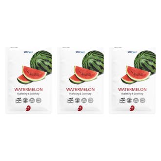 STAY Well Watermelon Hydrating & Soothing 1 st återfuktande sheet mask i vita påsar med bild av saftig vattenmelon.