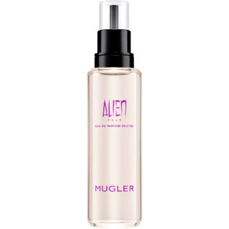 Mugler Alien Pulp Eau de Parfum 100ml parfym i en glasflaska med svart pump bredvid en vit ask med rosa detaljer