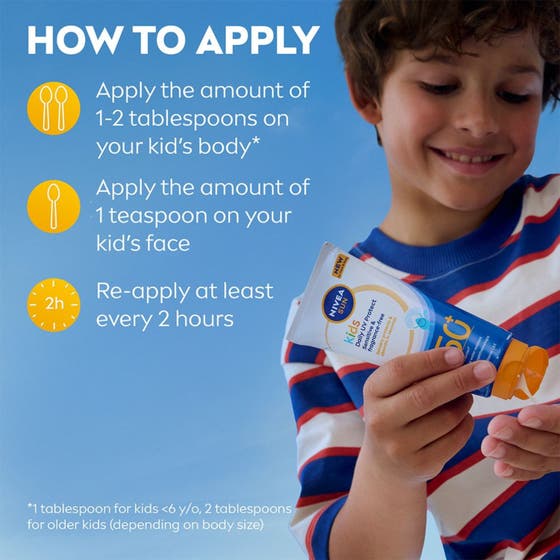NIVEA Kids Daily UV Protect 100 ml solkräm i tub som hålls av ett barn med instruktioner för applicering
