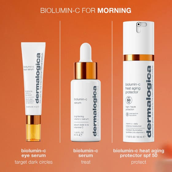 Dermalogica Biolumin-C SPF50 Duo hudpleiesett med vitamin C serum og solbeskyttelse i hvite flasker med gull.