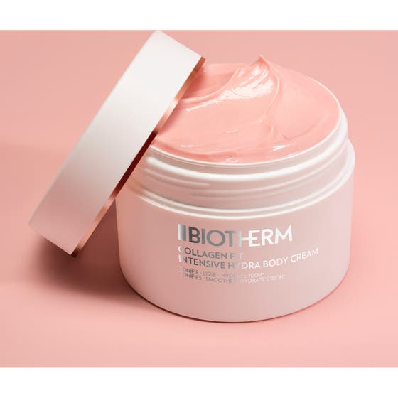 Biotherm Collagen Fit Body Cream 200 ml fuktighetsgivende kroppskrem med rosa tekstur i åpen hvit krukke.