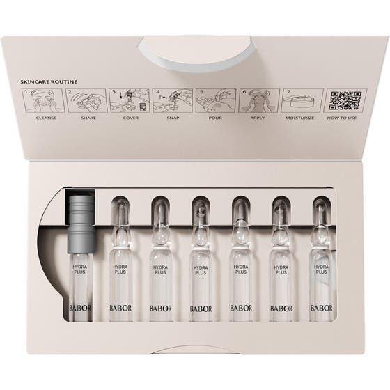 Babor Ampoule Hydra Plus 14 ml fuktserum i glassampuller med illustrert bruksanvisning i esken