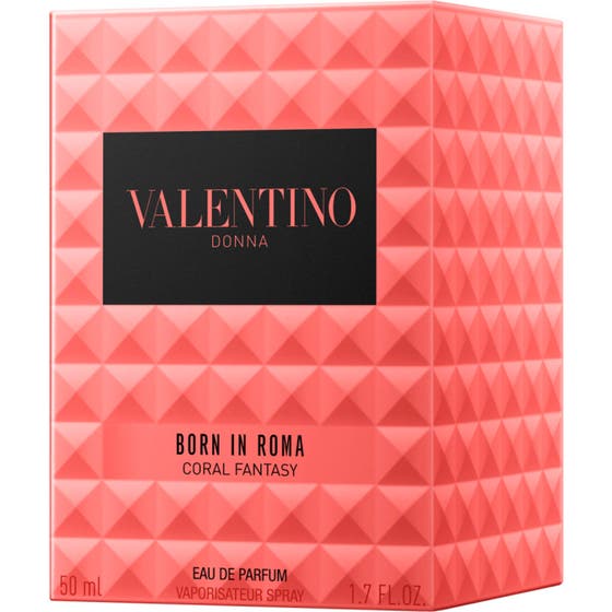 Valentino Born in Roma Donna Coral Fantasy 50 ml dameparfume i nittet glasflakon ved siden af koralfarvet æske