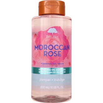 Tree Hut Moroccan Rose 532 ml kosteuttava suihkugeeli vaaleanpunaisessa pullossa oranssilla korkilla.