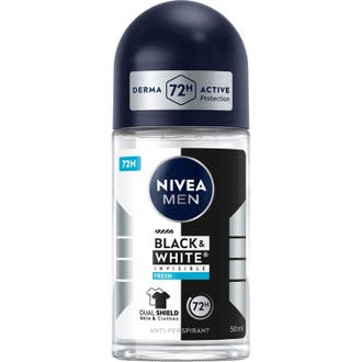 Nivea Men Black & White Invisible Fresh 50ml antiperspirant herr 72h skydd och fläckskydd i glasflaska med svart lock.