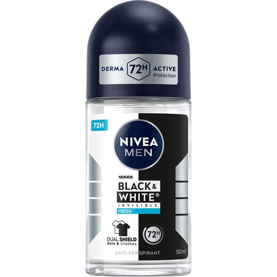 Nivea Men Black & White Invisible Fresh 50ml antiperspirant mod pletter i gennemsigtig glasflaske med sort låg