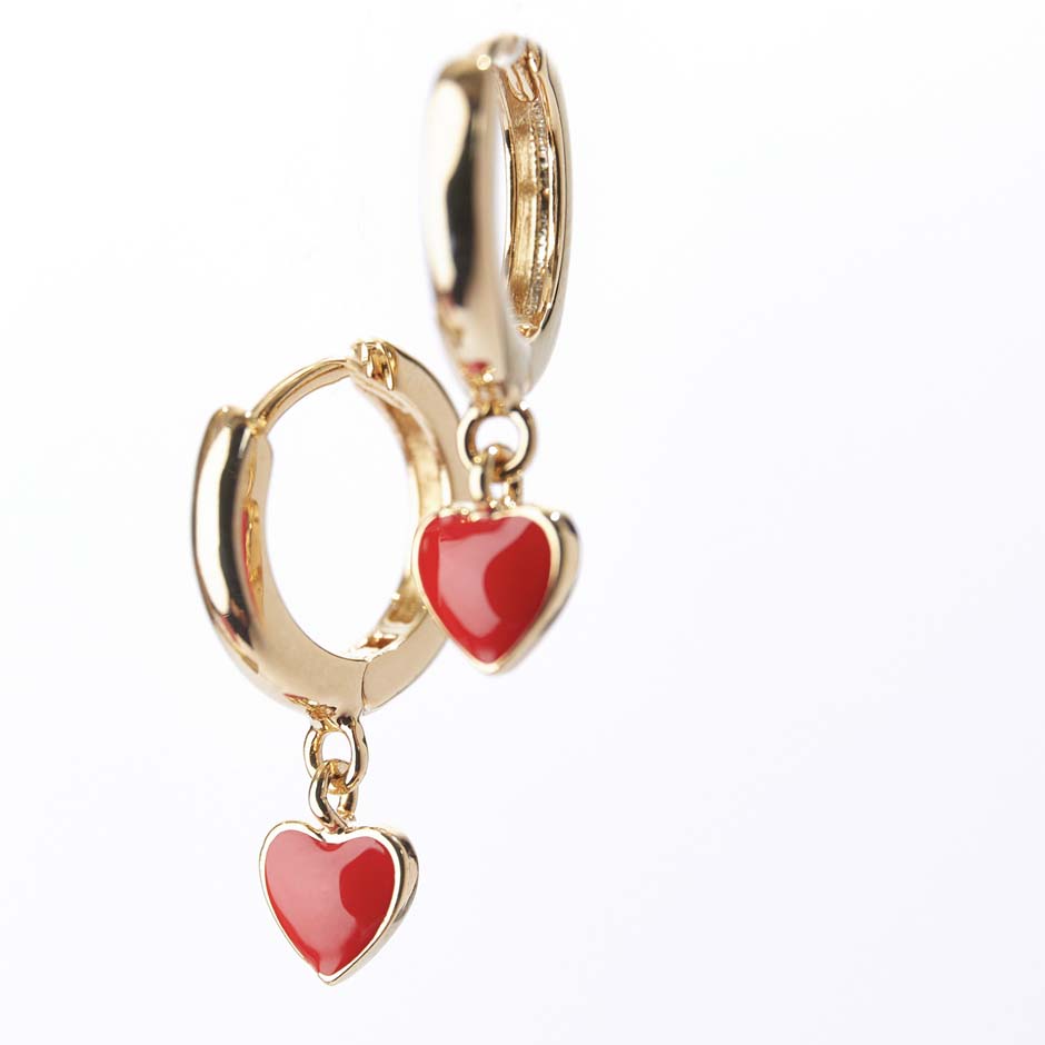 Enamel Red Heart Drop Huggie Earrings