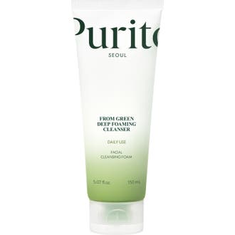 Purito From Green Deep Foaming Cleanser 150ml naturlig rengöring i vit tub med svart lock som skonsamt rengör på djupet