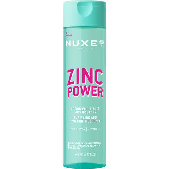 Nuxe Zinc Power Purifying and Spot Control Toner 200 ml puhdistava kasvovesi turkoosissa muovipullossa.