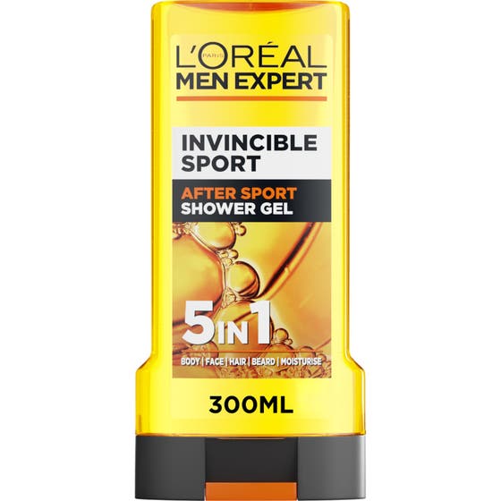 L'Oréal Men Expert Invincible Sport 300ml revitaliserende dusjgelé med kamfer i en gul plastflaske med sort lokk.