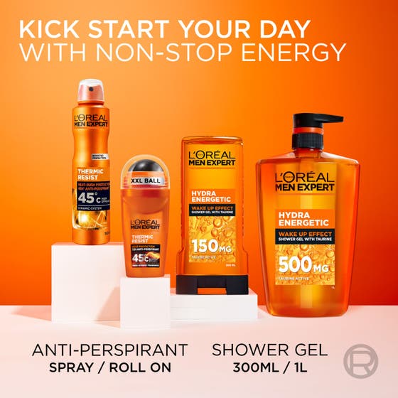 L'Oréal Paris Men Expert Hydra Energetic Dusjsåpe 1000 ml ved siden av en mann som trener med tau.