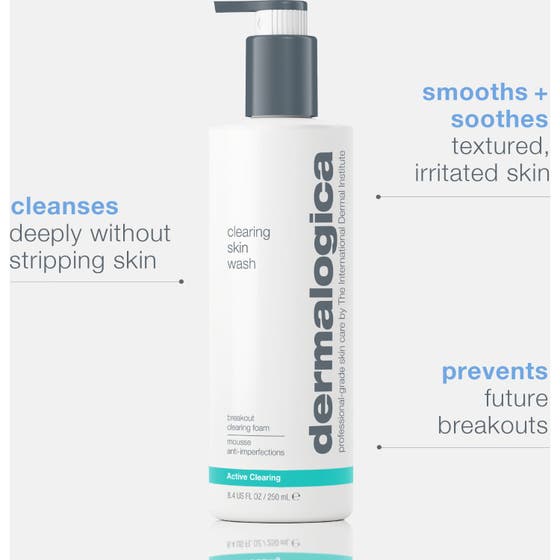 Dermalogica Clearing Skin Wash 250 ml ansiktsrens som motvirker urenheter i hvit flaske med grått lokk
