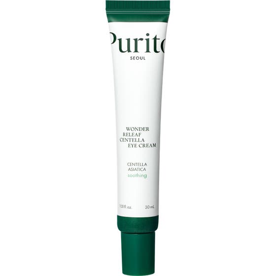 Purito Wonder Releaf Centella Eye Cream 30 ml beroligende øyekrem i hvit tube med grønn kork.