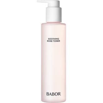 Babor Soothing Rose Toner beroligende ansigtsvand i en lyserød mat flaske med hvid pumpe
