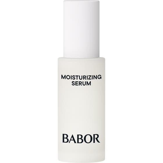 Babor Skinovage Moisturizing Serum fuktighetsgivende ansiktsserum i en stilren frostet glassflaske med hvit kork.