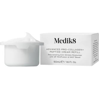 Medik8 Advanced Pro-Collagen + Peptide Cream Refill 50 ml ger fasthet mot rynkor i vit refillkopp med krämig textur